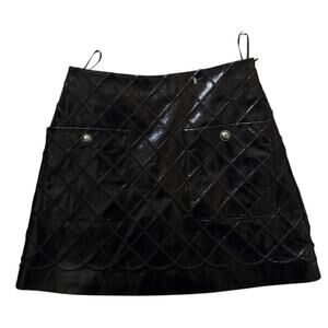 Rumere Black Patent Quilted Mini Skirt Silver Snap Pockets Moto Y2K Size 36 XS